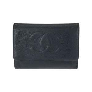 CHANEL Vintage Coco Mark Black Gold Hardware Caviar Leather Folding Wallet Co...